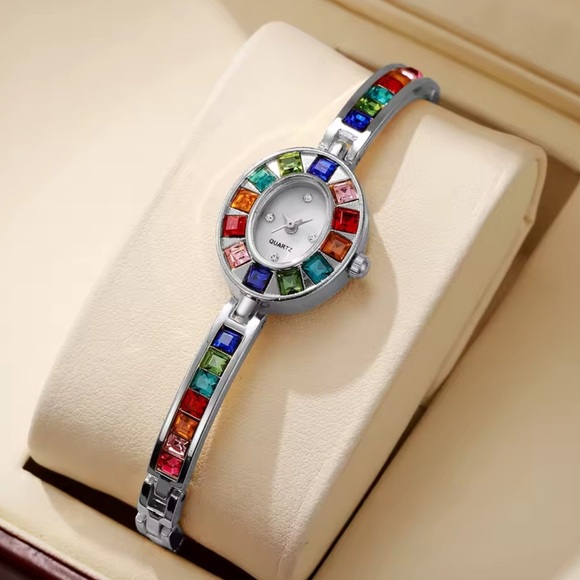 Vintage Silver Multicolor Crystal Quartz Watch - Picture 2 of 9